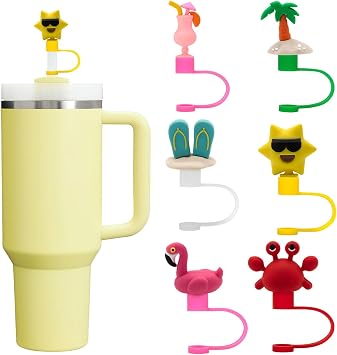 3D Summer Stanley Straw Covers for Stanley Cup, Ocean Beach Straw Toppers for Stanley, Cute Cartoon Food Grade Silicone Topper, Stereoscopic Reusable Straws Cap Stopper for 0.4Inch/10mm 6PCS