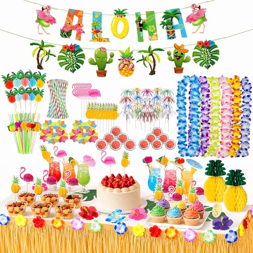 Mtjkkpo Hawaiian Tropical Party Decoration Set 131pcs Cocktail Accessories Drinks with Grass Table Skirt Hawaii Garland Umbrellas Straws Sparkler Sticks Cake Toppers Bar Birthday Picnic Beach