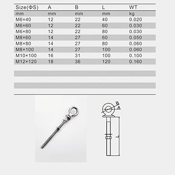 Yetaha M6*40 Stainless Steel Lifting Eye Bolts with Washer and Nut, Heavy Duty Long Shank Nut for Hanging/Suspending/Fastening Items