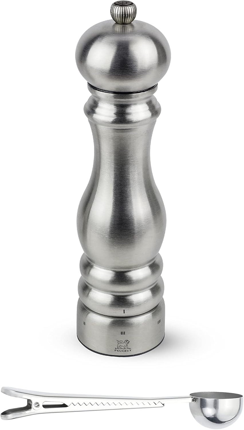 Peugeot Paris Chef u'Select Stainless Steel Pepper Mill - With Stainless Steel Spice Scoop/Bag Clip (9 -Inch, Pepper Mill)