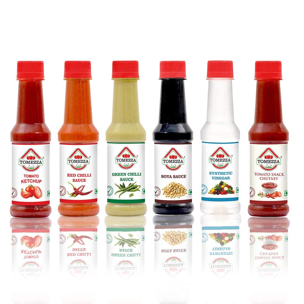 Tomezza Synthetic White Vinegar, Tomato Ketchup, Red Chilli Sauce, Green Chilli Sauce, Soya Sauce, Tomato Snack Chutney, sauces combo pack of 6 (200g Each)