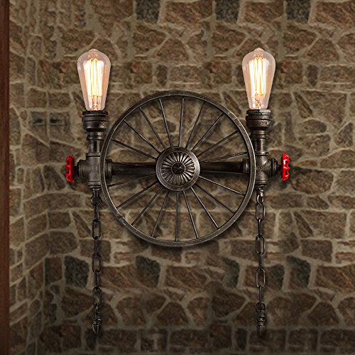 JiaYouJia Loft Industriel Rétro 2 Luminaires Applique Lampe de Mur Murale à Tuyau d'eau en Métal et Roue Antique