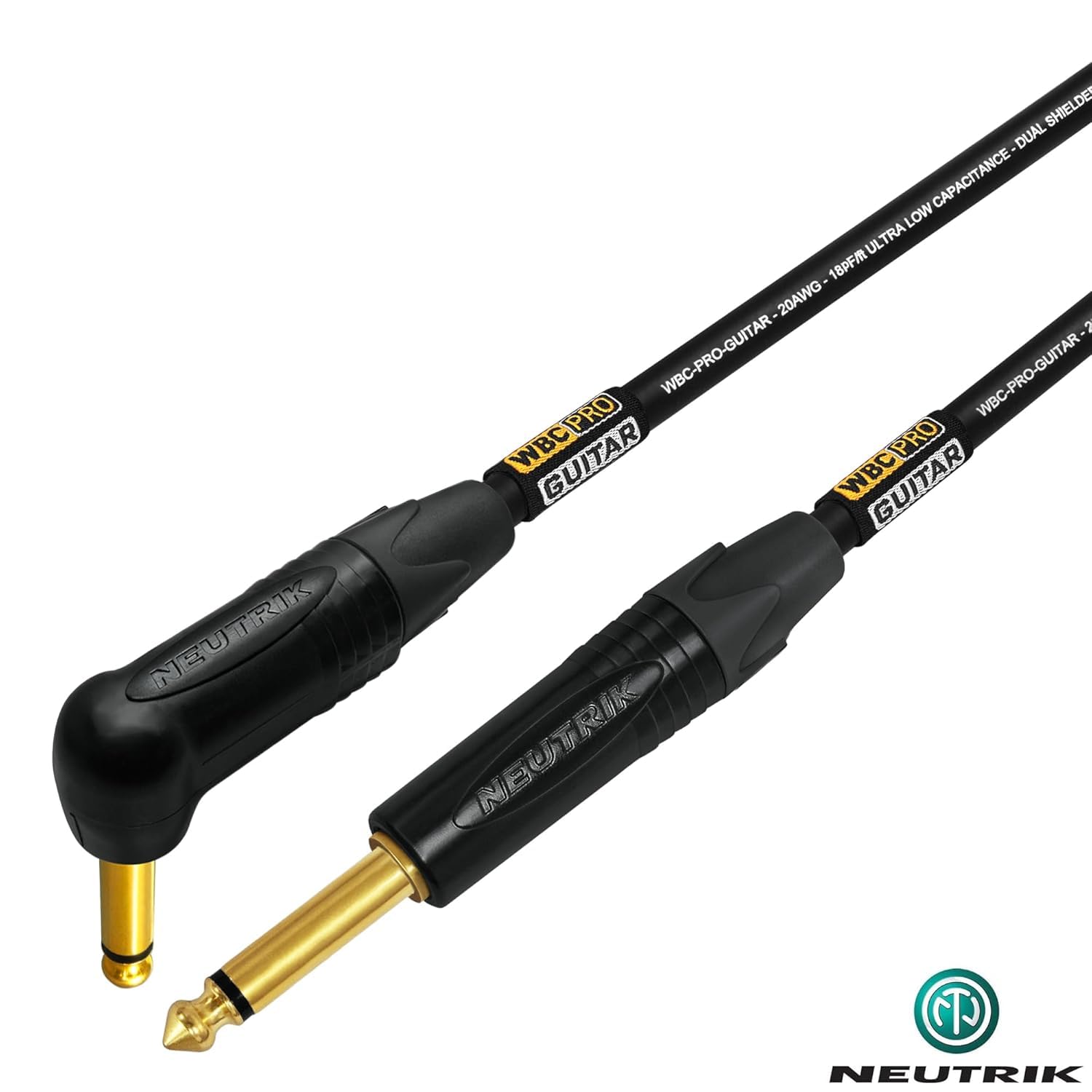 WBC-PRO-GUITAR, 4 metros, 20 AWG, tapa baja (18 pF/ft) - Grado profesional - basado en grafito - Cable de guitarra de doble blindaje, bajo, instrumento con conectores Neutrik recto a ángulo de 6,35 mm
