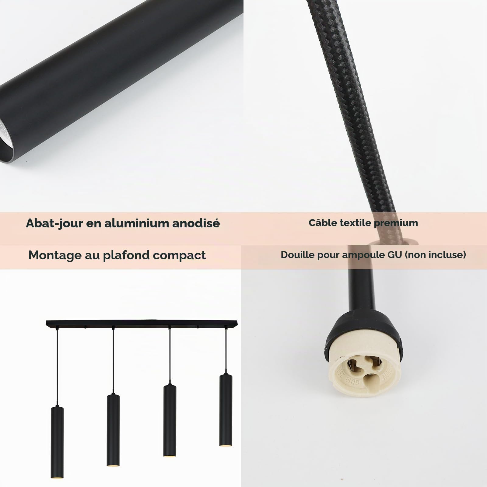 Alpinaluz Suspension Linéaire Noire 4 Lumières avec Tubes en Aluminium de 30 cm et Câble Textile Réglable, Style Moderne et Minimaliste pour Cuisine ou Salle à Manger, Douille GU10, Barre de 100 cm