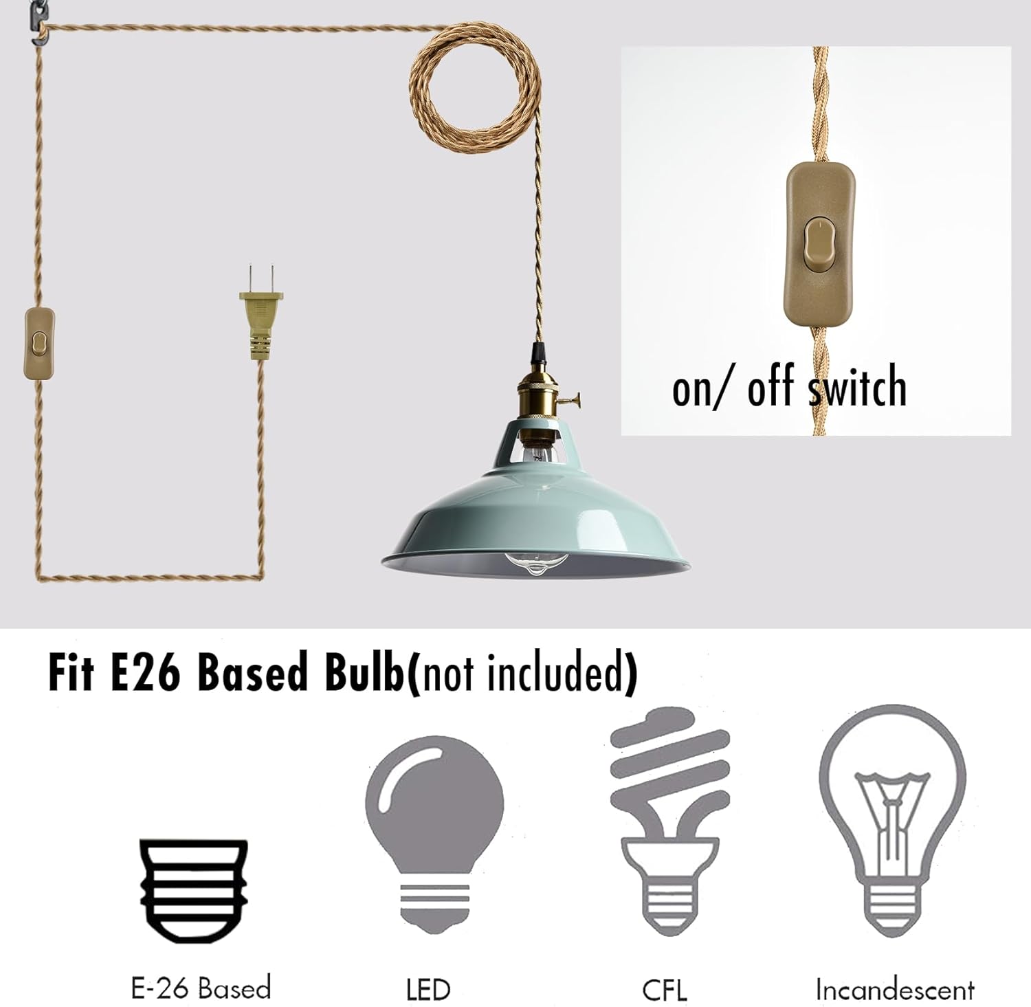 YUBOLE Modern Macaron Plug-in Plendant Light,10.6-Inch Hanging Light Fixtures with Metal Barn Shade Adjustable 17.06 Feet Plug Cord Pendant for Kitchen Bar Dining Bedroom,Sea Blue