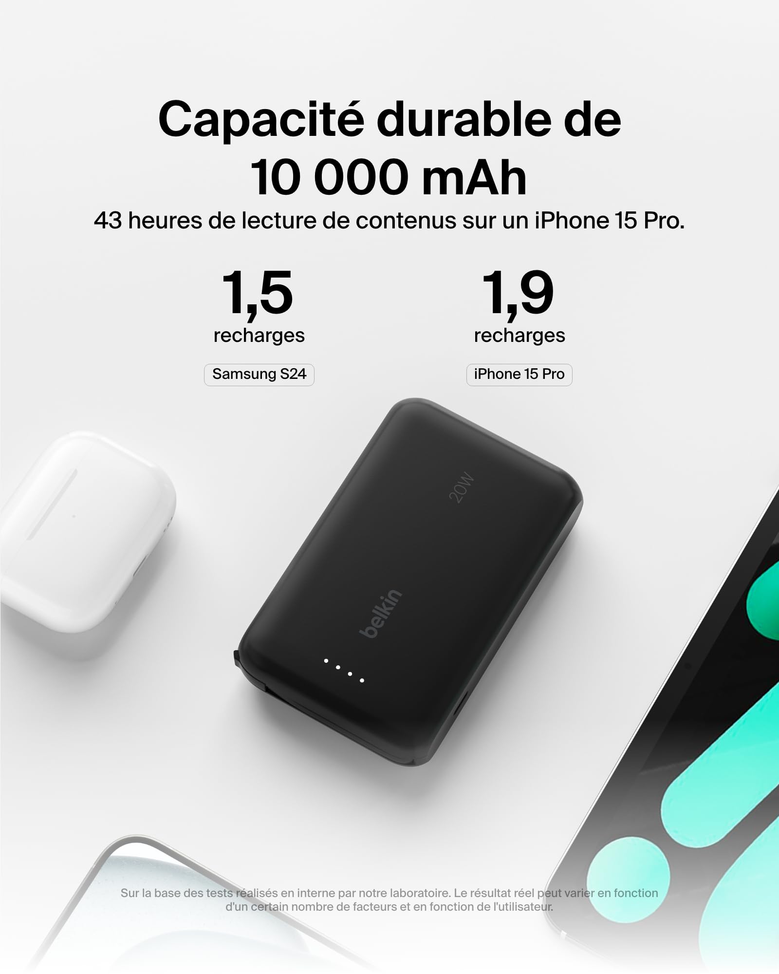 Belkin BoostCharge Batterie Externe 10 000 mAh Portable avec câble intégré (PD 20 W, Recharge Rapide USB-C Power Delivery, pour Tous Les modèles de l'iPhone 16/15, iPad Pro, Galaxy S24, etc.)