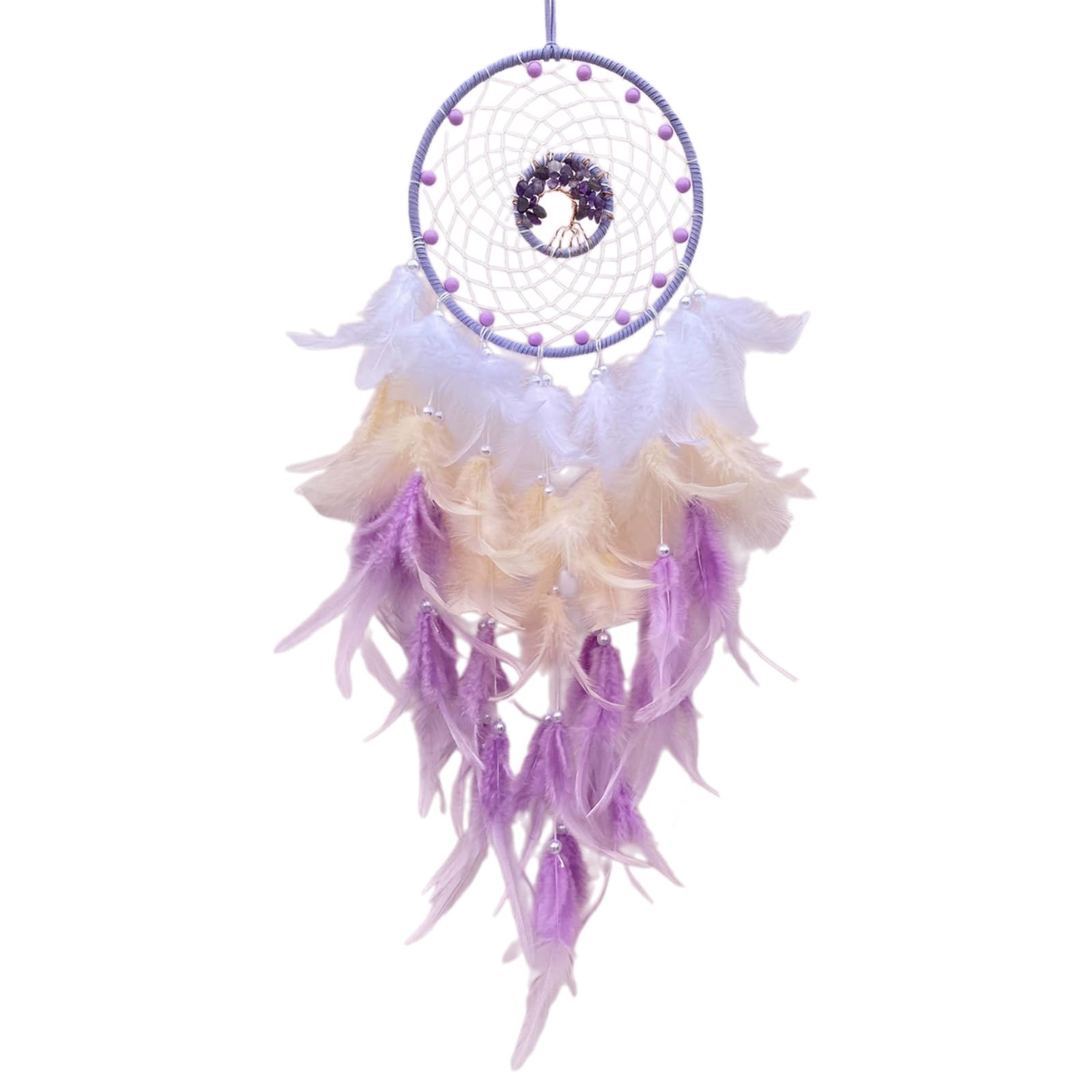 carotoe Aesthetic Beads Feathered Woven Dreamcatchers with Crystal Stone Tree Wall Hanging Ornament Bedroom Living Room Decors Crystal Tree Dreamcatchers