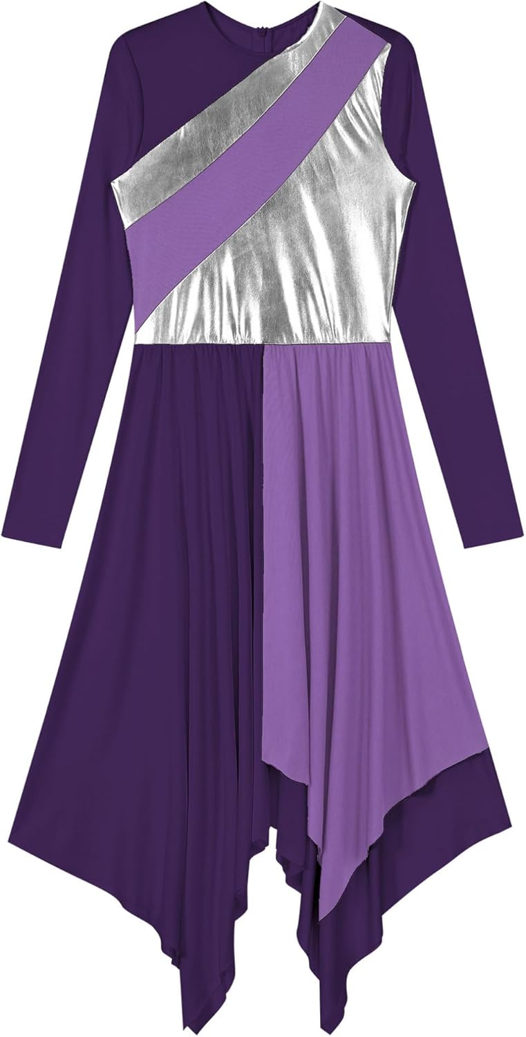 FEESHOW Women's Liturgical Praise Lyrical Dance Dress Color Block Long Sleeve Worship Robe Dress