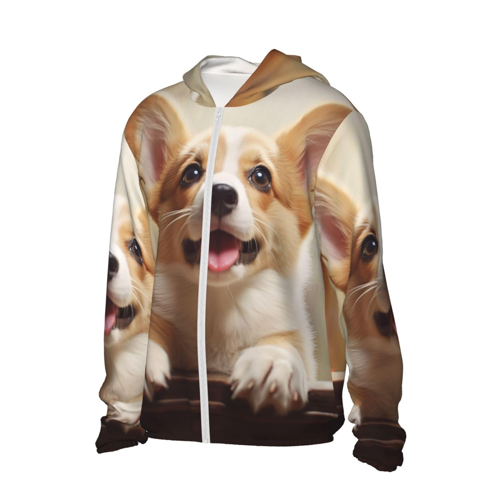 UPF 50+ Light Jacket Full Zip Sun Protection Hoodie for Women Men Long Sleeve Cute Corgi Sun Shirts Black