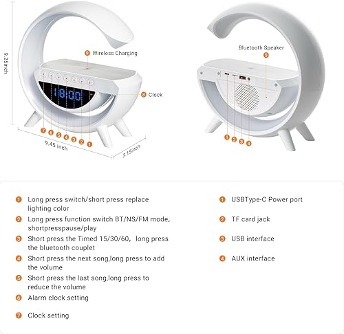 Miniatura 6 de OTeedo Lámpara de atmósfera con altavoz Bluetooth de carga inalámbrica con reloj despertador, máquina de sonido, luz nocturna, cargador inalámbrico
