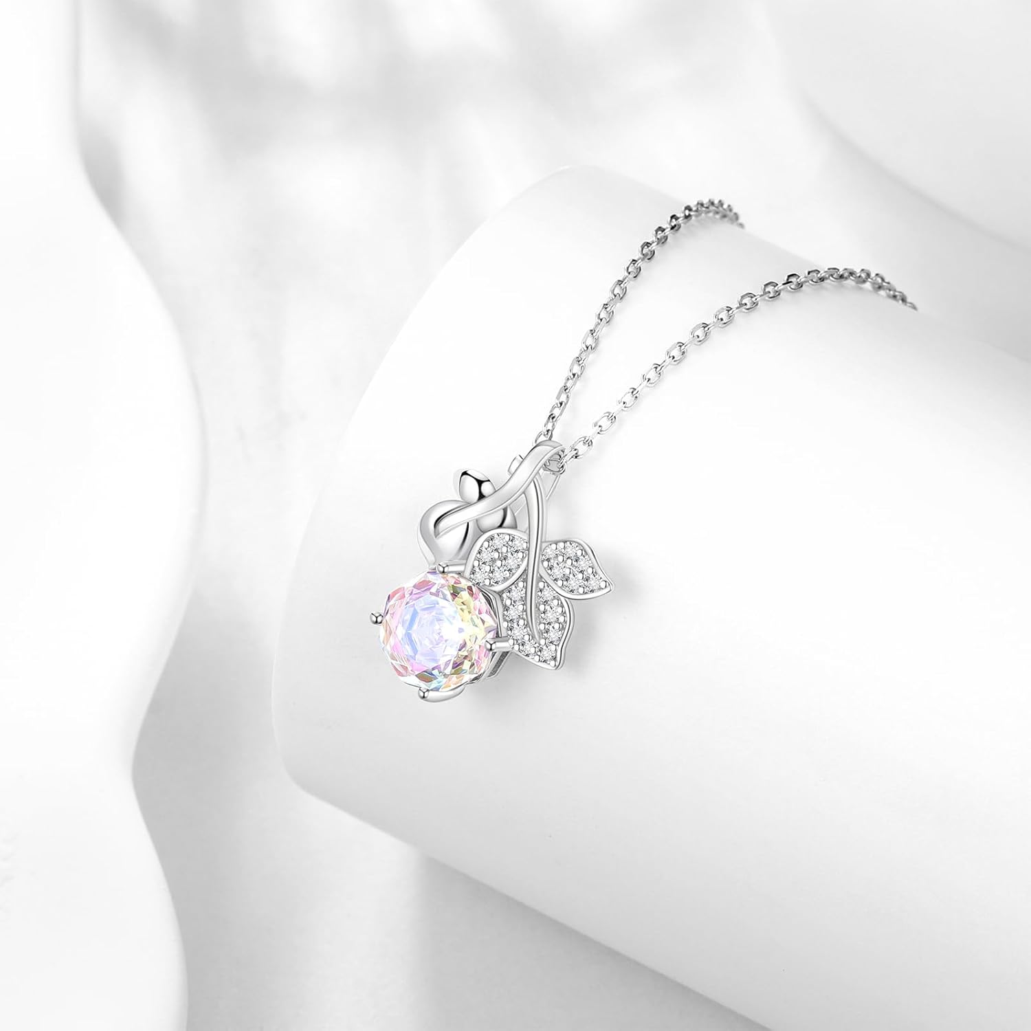 Aurora Tears Birthstone Rose Pendant Necklace - 925 Sterling Silver Rose Cut Cubic Zirconia Flower Leaf Necklace Anniversary Birthday Jewelry Gift for Women Wife Mom Daughter - Image 3
