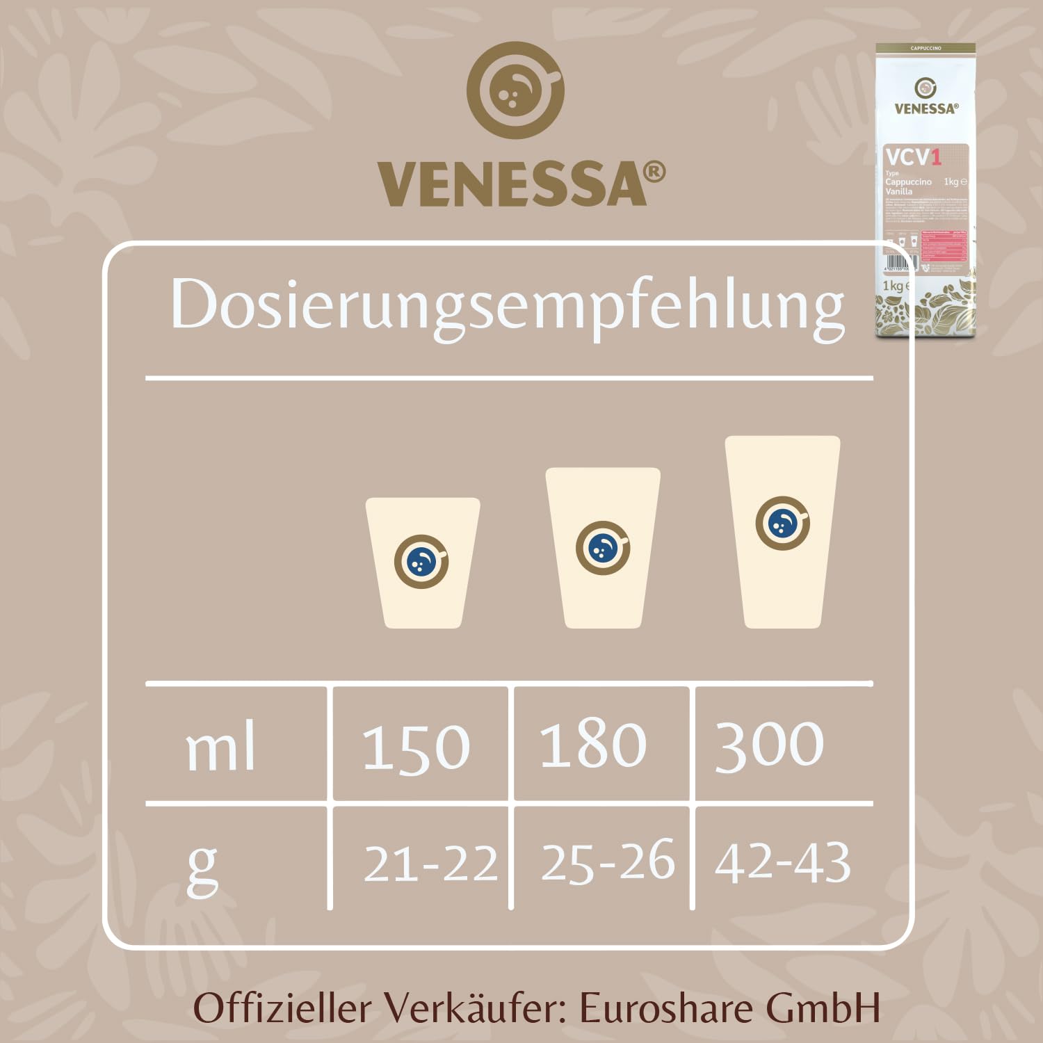 VENESSA VCV1 Cappuccino Vainilla 20 x 1 kg – Pack ahorro – Café instantáneo con sabor a vainilla – Cappuccino cremoso con fina vainilla – Apto para todas las cafeteras automáticas