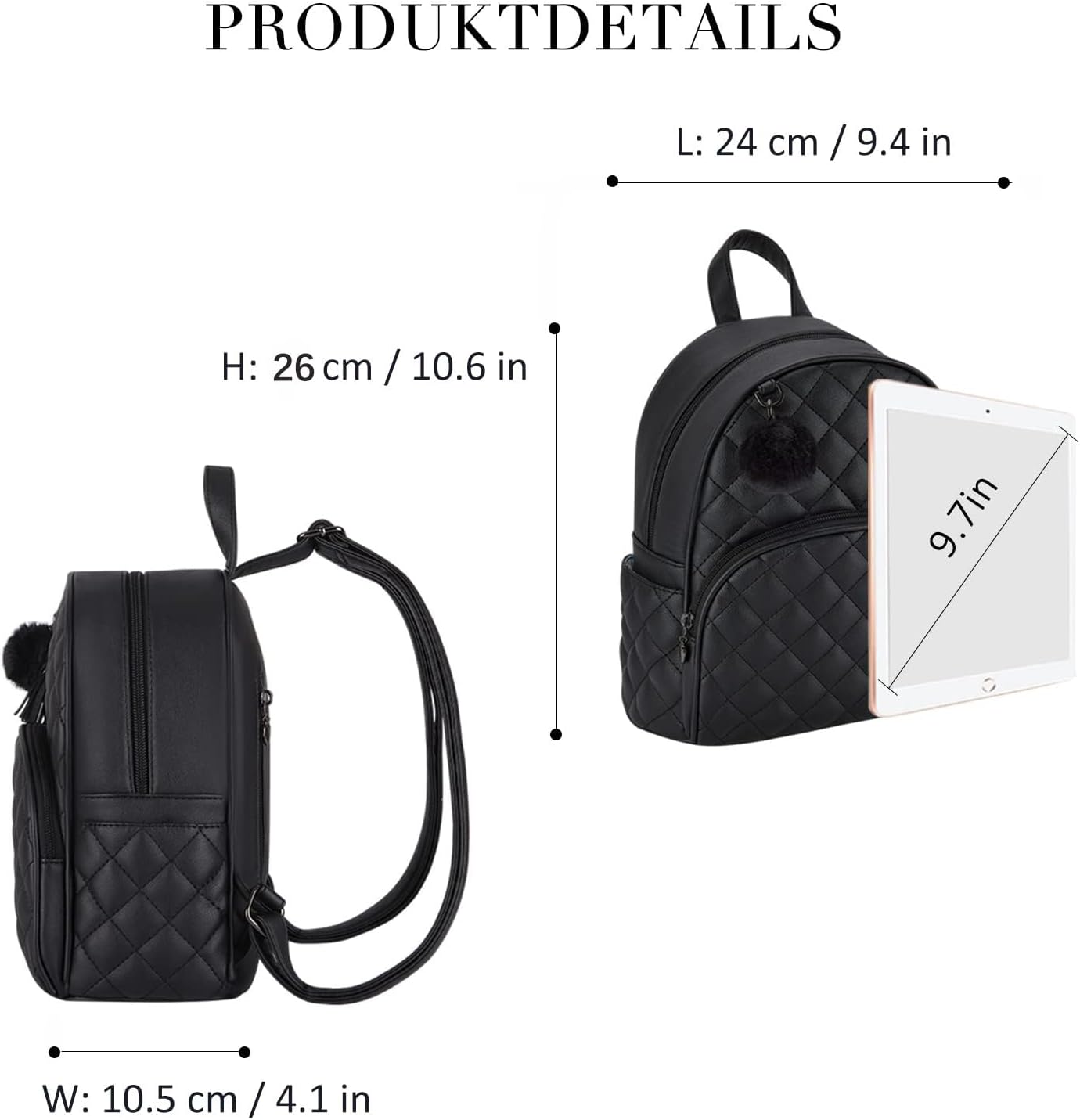 ECOSUSI Mini Backpack for Women Leather Small Backpack Purse for Ladies Cute Pom Bookbag Travel Shoulder Bag with Charm Tassel Black