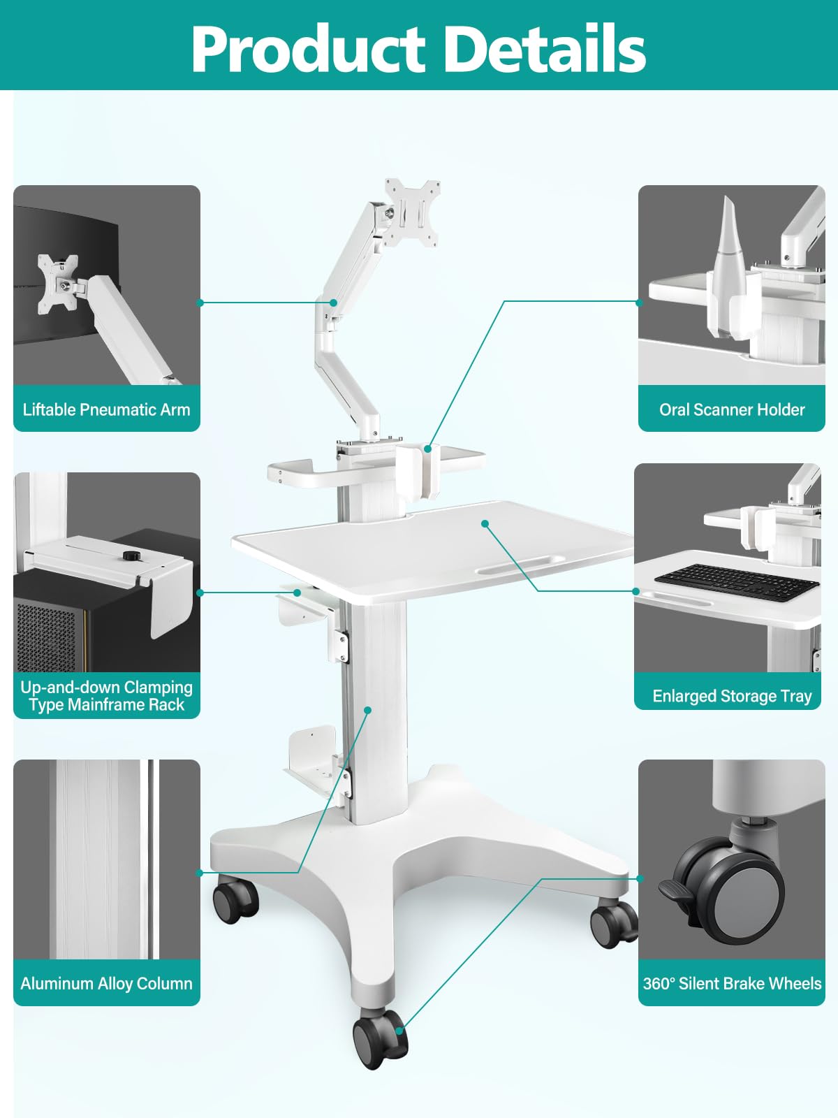 Kalolary Mobile Trolley Medical Cart,Carrello regolabile in altezza per computer portatile con ruote, per studio dentistico, con ripiano per laptop, supporto per scanner orale, supporto per tastiera e