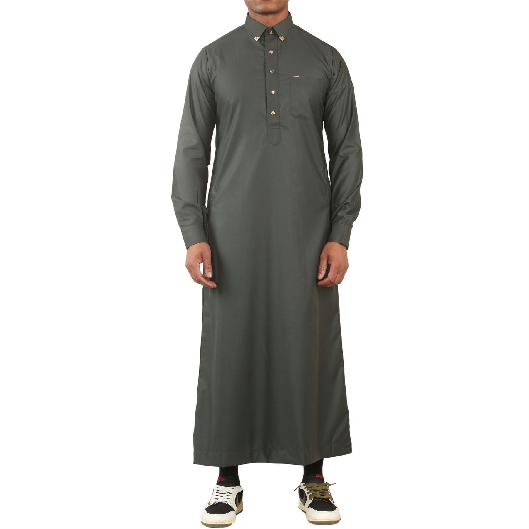 Thobez Men's Green Thobe Saudi Emirati Jubba Islamic Clothing Muslim Kaftan Eid Robe Shirt Collar - 54