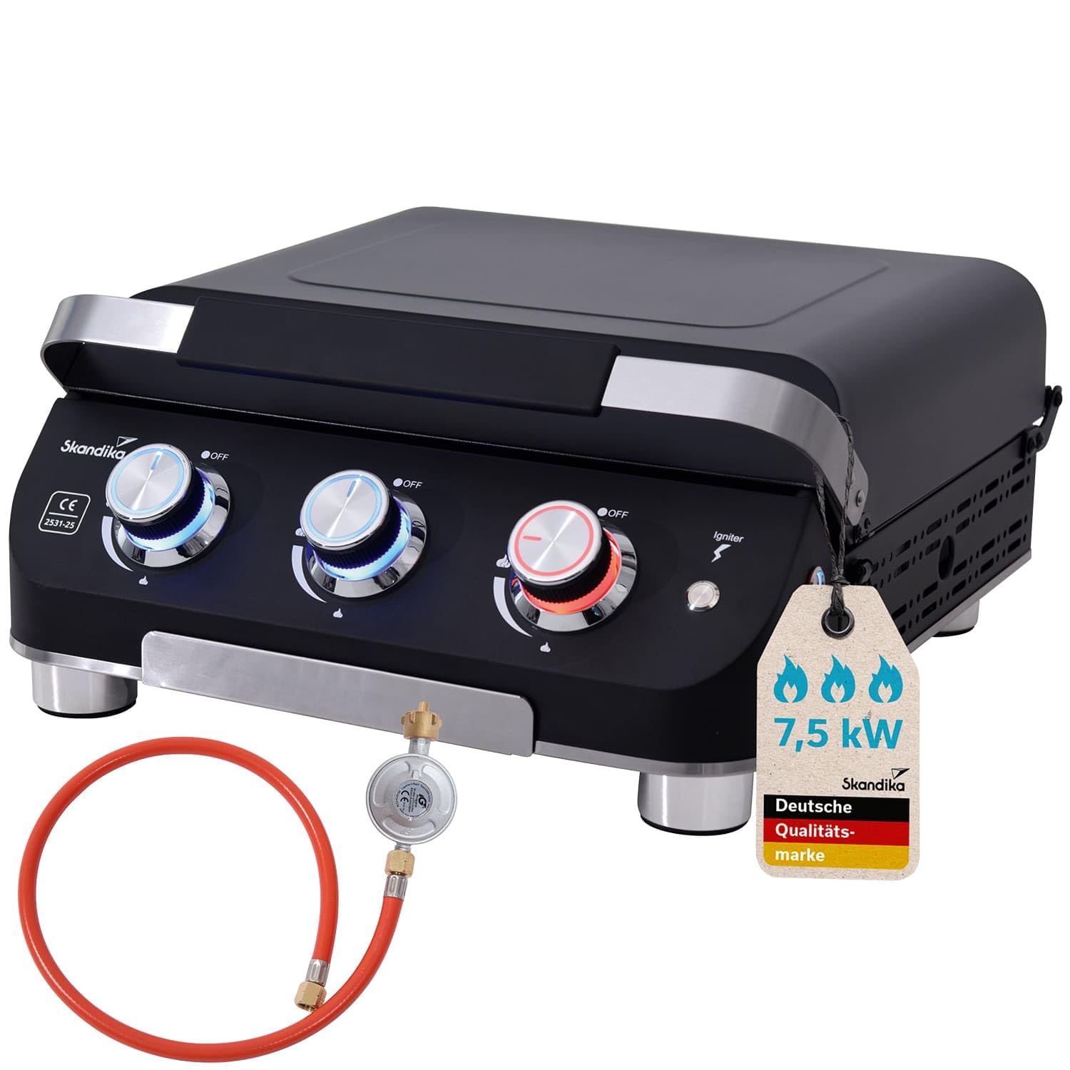 Skandika Gasplancha Palo | Piastra grill a gas senza/con coperchio Plancha, 3 bruciatori, vassoio di sgocciolamento, grill a gas trasportabile con piastra di cottura (con coperchio)