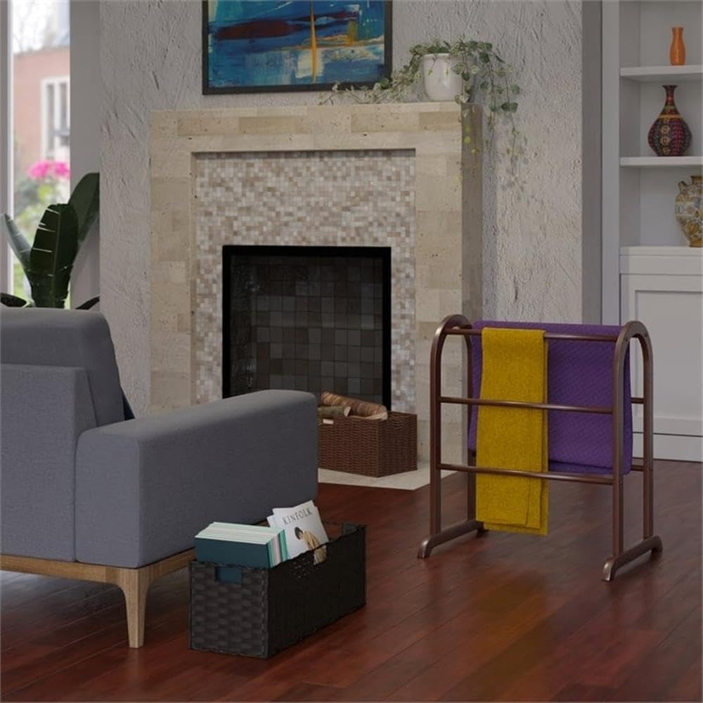 Pemberly Row Solid Wood Quilt Blanket Rack, Antique Walnut Finish, 30 in Height, 6 Rods, Transitional Free-Standing Organizer for Blankets or Quilts in Living Room or Closet