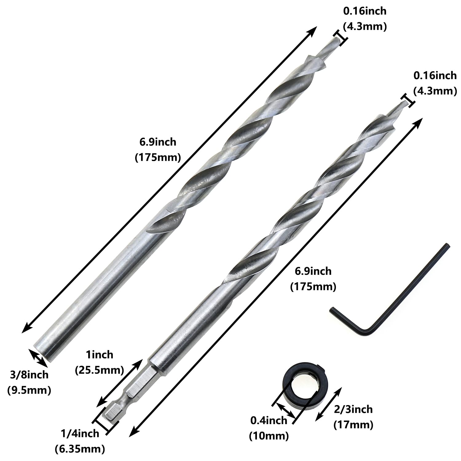 LUORNG 2PCS 3/8 Inch Pocket Hole Bit with Depth Stop Ring Replacement Twisted Step Bits for 1/4 Hex Shanks and Round Shanks High Speed Steel Drill Bit Skew Hole Locator for Wood Drilling and Punching