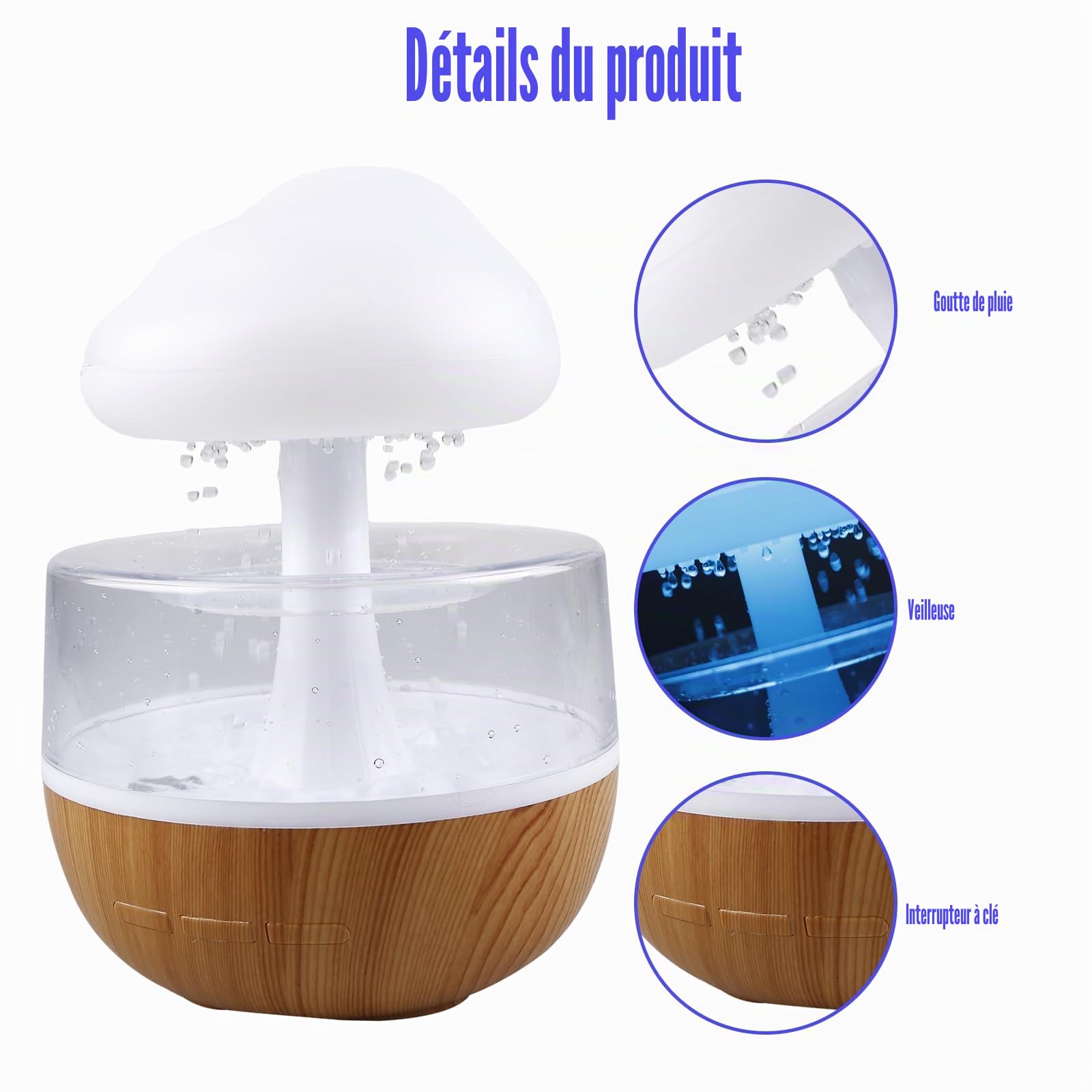 Nuages de pluie Humidificateur avec veilleuse : fontaine à eau nuageuse 3 en 1, diffuseur d'huiles essentielles, 7 couleurs veilleuse, bureau, table
