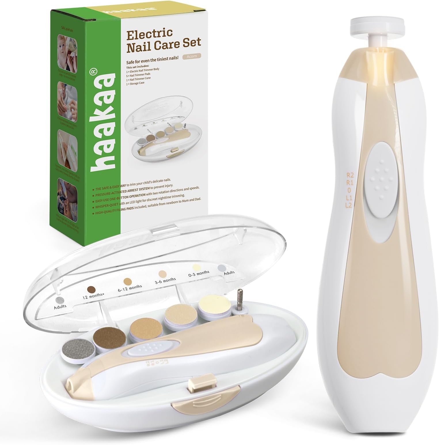 haakaa Baby Nail Care Electric Baby Nail File Kit with LED Light, Baby Nail Clippers for Newborn/Infants/Adults Toenails and Fingernails, 6 Replacement Heads & Storage Case, Acorn