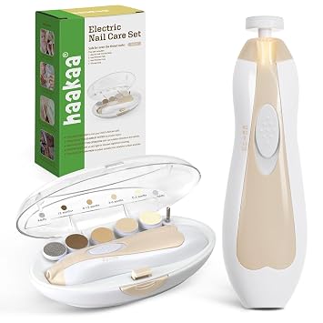 haakaa Electric Baby Nail Trimmer, Whisper-Quiet with LED Light, Acorn | Baby Nail Care Kit with 6 Replacement Heads, Storage Case, Quiet Motor for Safe Grooming from Newborns to Adults