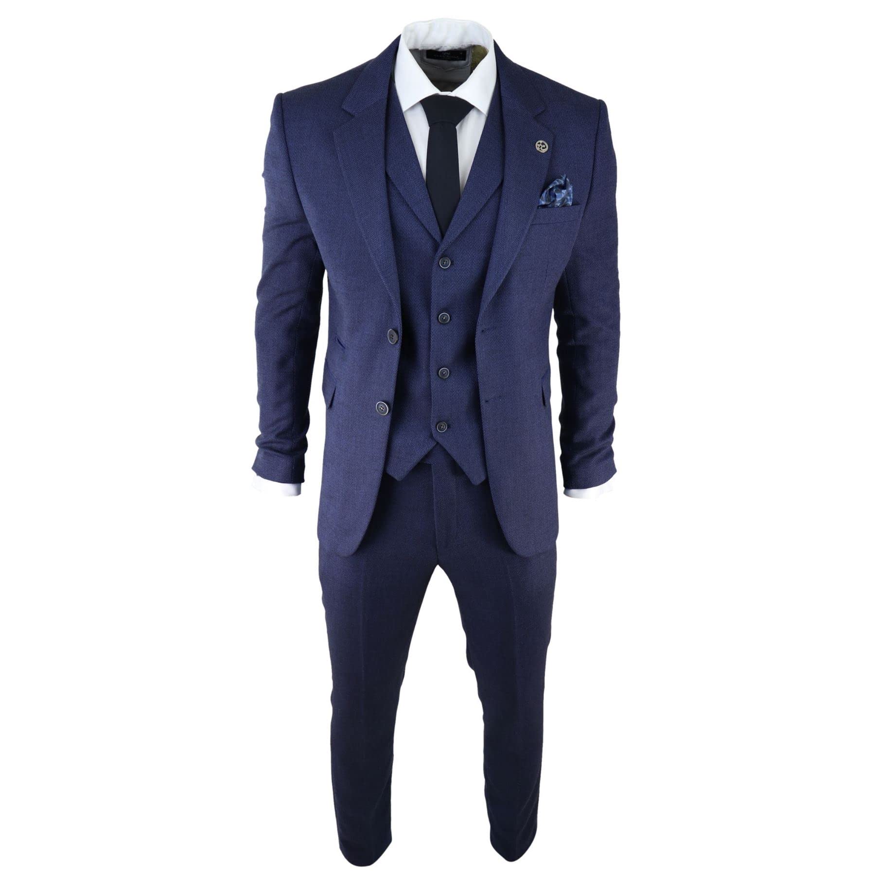 Mens Herringbone Tweed 3 Piece Suit Blue Classic Vintage Tailored Wedding Blinders - Navy 36