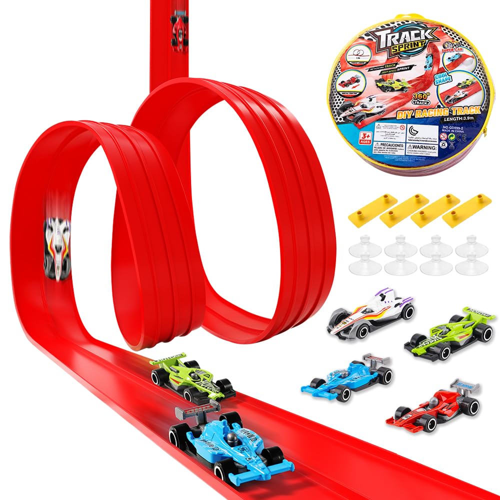 SGZIOO Flexible Car Track, Car Track Toy, 4M Roll Up Speed Track for Toy Cars, Hotwheels Tracks Set with 4 Diecast Toy Cars, 8 Suction Cups, Attach to Windows Doors for Bumps Jumps Tunnels Loop