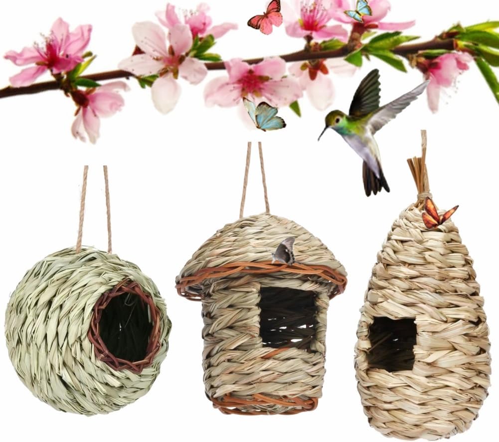 Hummingbird Houses for Outdoor Hanging,Hand Woven Hummingbird Nest,Natural Grass Bird Hut, Nests for Small Birds ,Wren Finch Bird House for Garden Window Outdoor Home 3 Pack