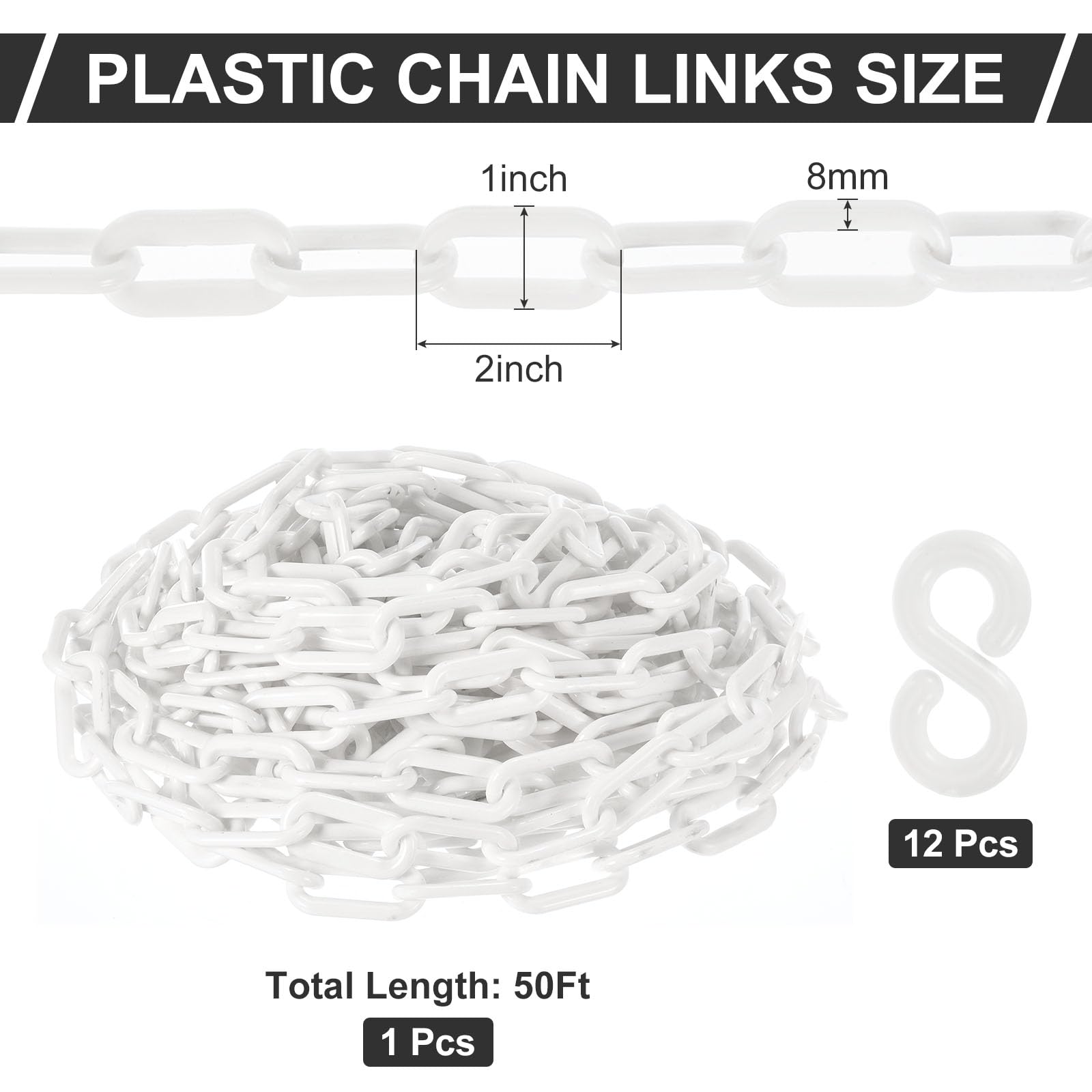 PATIKIL Cadenas de Plástico, Eslabones de Cadena de Seguridad de 50 Pies, Cadenas de Plástico Blancas de 0.31"/8mm de Altura con 12 Ganchos de Plástico Blancos para Barreras