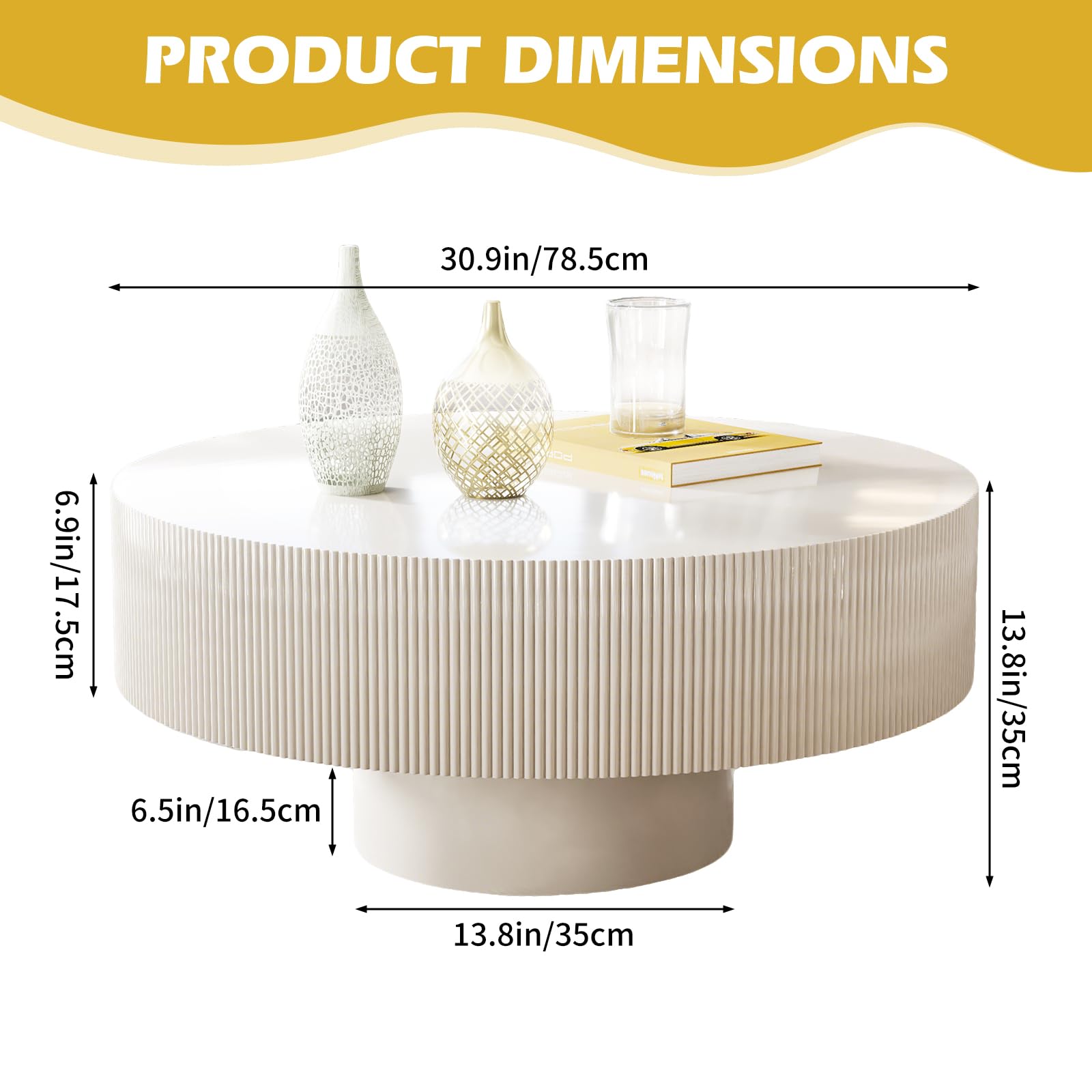Table Basse Ronde Moderne, avec Bords plissés et Plateau Large, Tambour, Forme Champignon Stable et Basse avec Design linéaire, Design cannelé, Table pour Salon, Bureau (Blanc, 78.5cm)