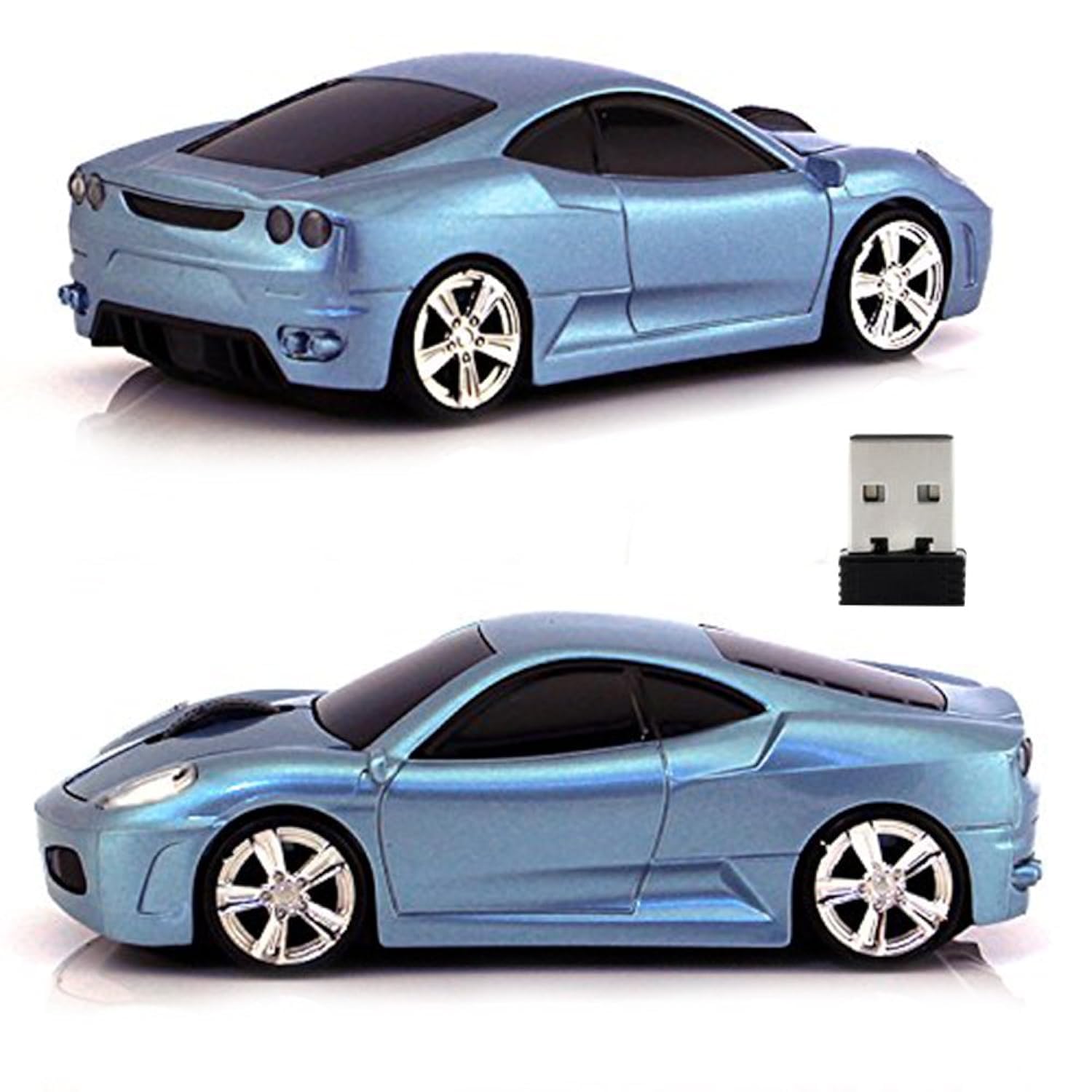 UrChoiceLtd® Car Mouse, 2.4GHz Wireless Mouse 3D 1600DPI F430 Sports Racing Car Shape Optical Usb Cordless Gaming Mouse with Headlight and Tail Light-Up (Metallic Blue)