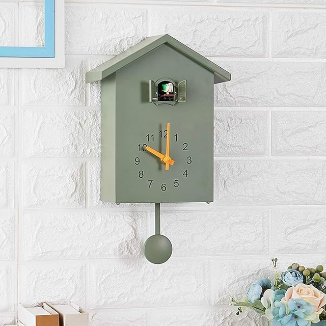 W-Master Scandinavian style wall clock, cuckoo clock out the window, small bird hourly clock suitable for home use,Green