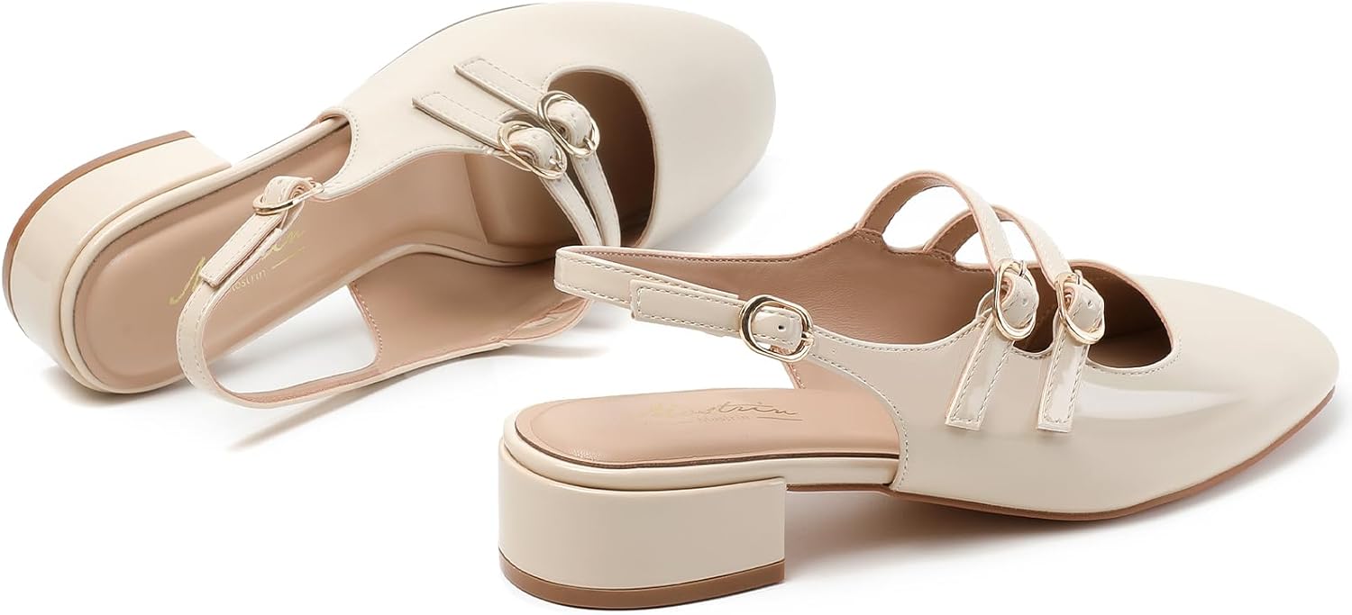 Mostrin Mary Jane Shoes Women Slingback Chunky Low Heels for Women Closed Rounded Toe Ankle Strap Pumps Daily Wedding Party Dress Shoes - Image 6