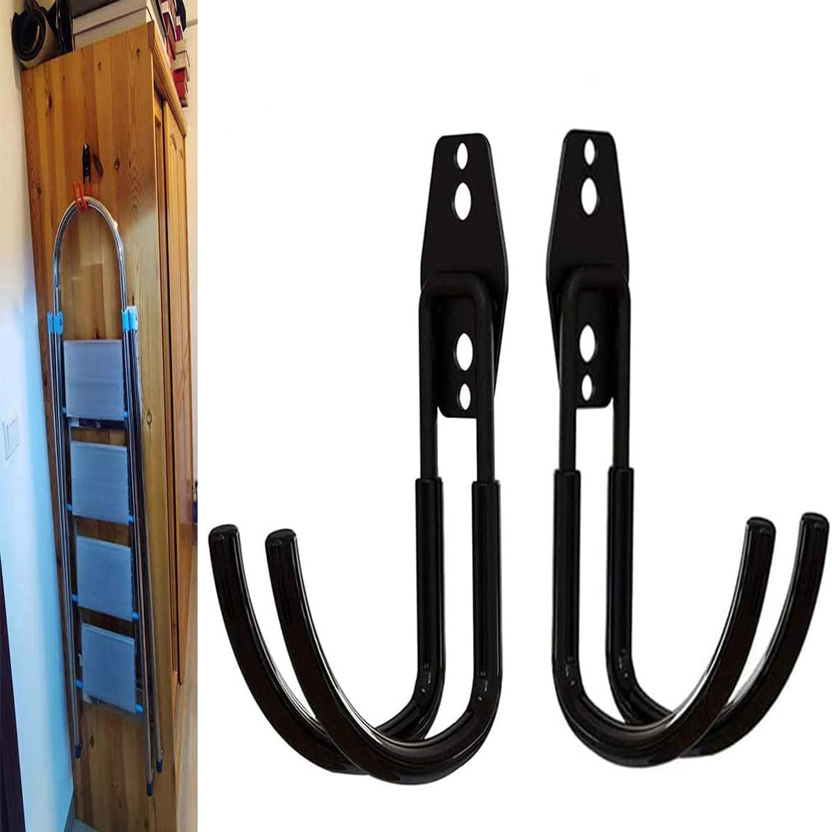2Pcs Folding Step Stool Hanger, Telescoping Wall Mount Ladder Hooks for Home & Office Display & Storage Step Stools Tool (T-Type) image 2