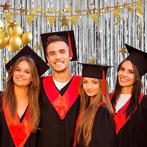 Image of 2 Pack 3.28 ft x 6.56 ft Silvery Tinsel Curtain Party Backdrop Decorations, Metallic Foil Fringe Backdrop Door for Halloween, Christmas, Birthday Graduation Wedding Party Streamers Photo Backdrop.
