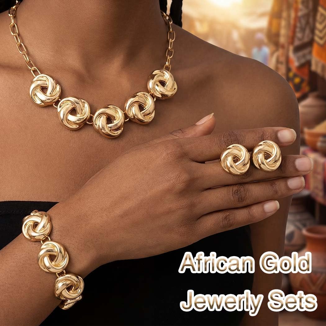 TWINKLEDE African Gold Necklace Jewerly Sets Flower Chunky Choker Necklaces Earrings and Bracelet for Women - Image 2