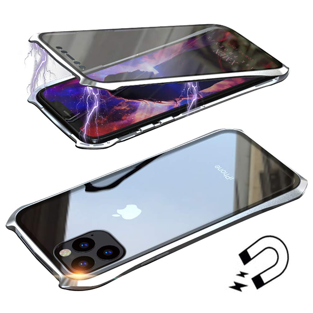 Anyos Compatible iPhone 11 Case, Ultra-Thin Magnetic Adsorption Metal Frame Clear Tempered Glass Flip Cover Built-in Screen Protector, Sliver