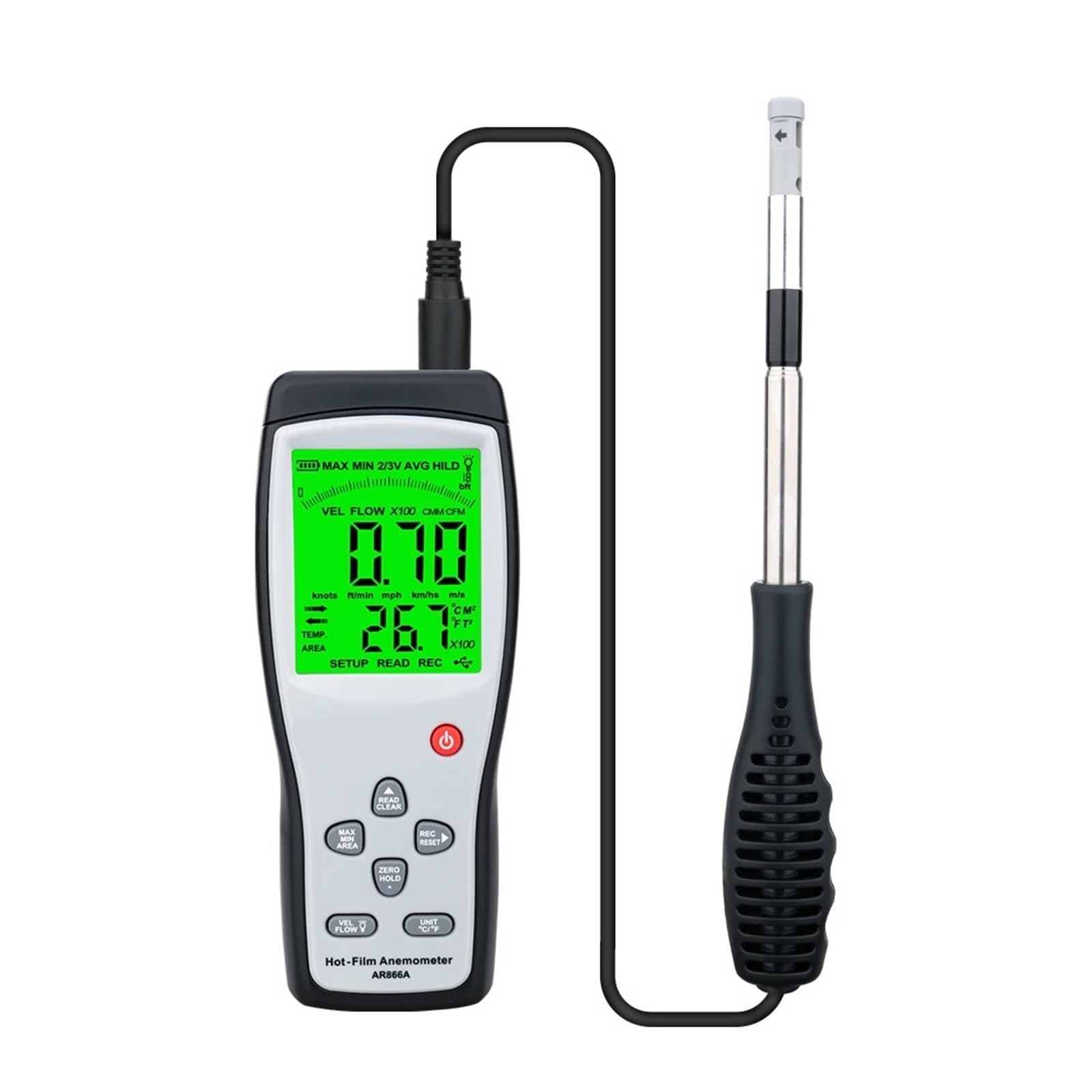 Anemómetro Digital de película caliente anemómetro medición temperatura velocidad del aire 40 M/S retención datos en PC a través herramienta diagnóstico USB