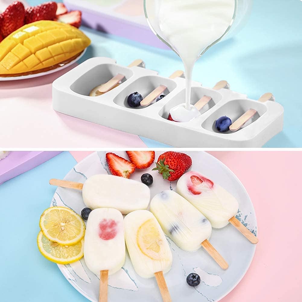 Ozera 2 Pack Silicone Popsicle Molds, 4 Cavities Ice Pop Molds White Oval, Popsicle Maker with 2 Lids & 50 Wooden Sticks & 50 Popsicle Bags for DIY Ice Popsicle