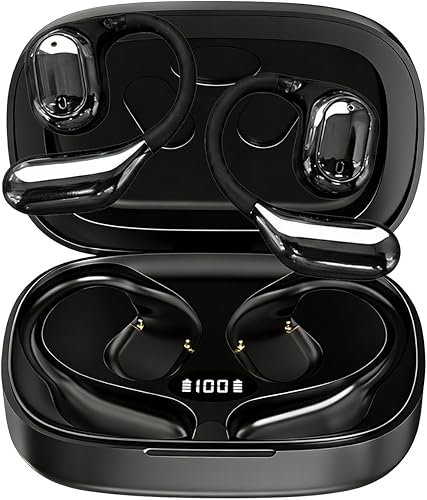 Auriculares de oreja abierta, auriculares Bluetooth inalámbricos con micrófono, auriculares deportivos ultra cómodos con pantalla LED, sonido