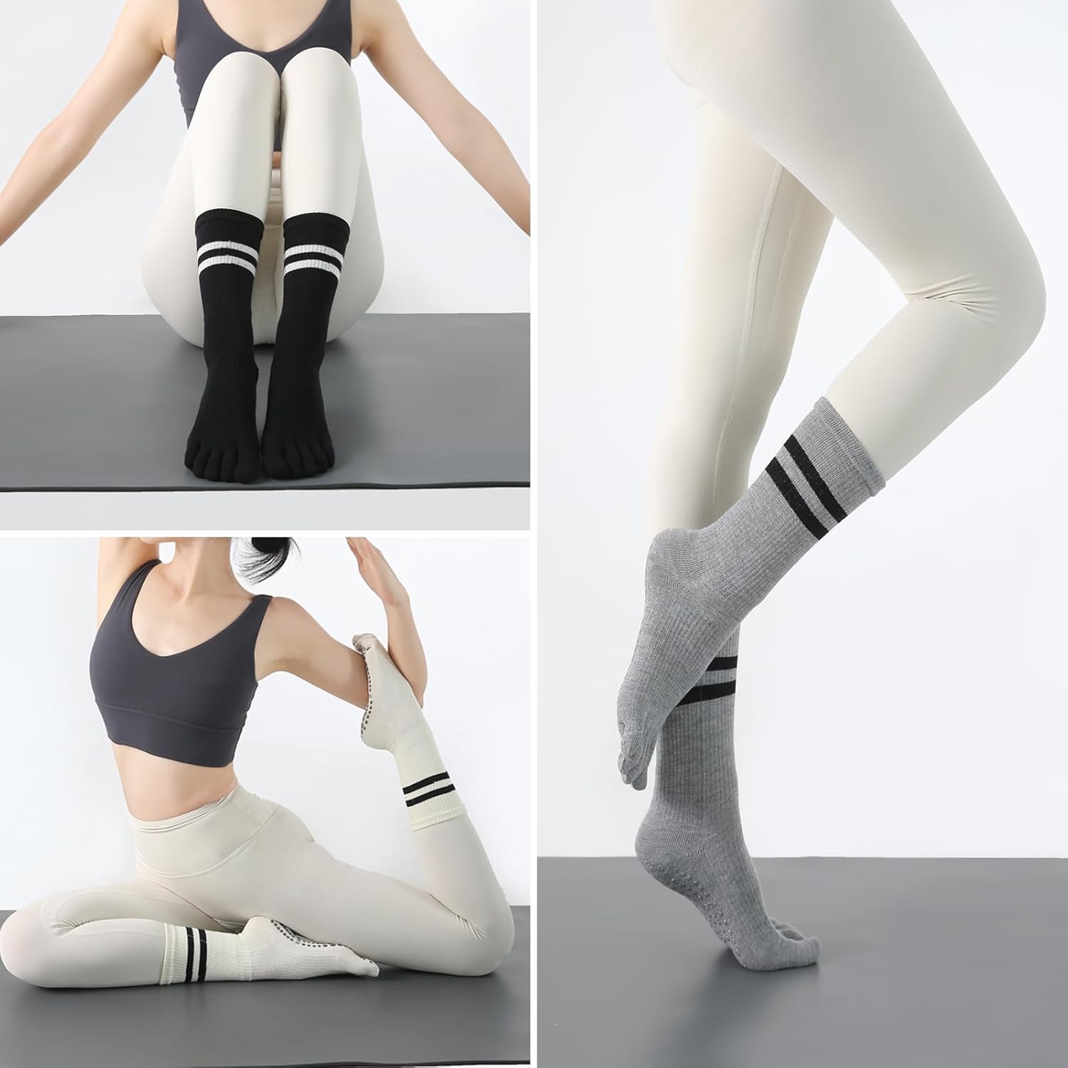 Pilates Socks for Women, Non Slip Yoga Five Toe Grippy Socks for Hospital Barre Sticky Gym Slipper Socks 4 Pairs - Image 7