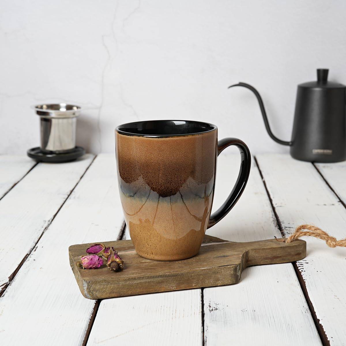 Bosmarlin Tasse à thé en céramique avec infuseur et couvercle, 382,7 g, 5 couleurs au choix, passe au micro-ondes et au lave-vaisselle, tasse à thé avec passoire, glaçage réactif (noyer)