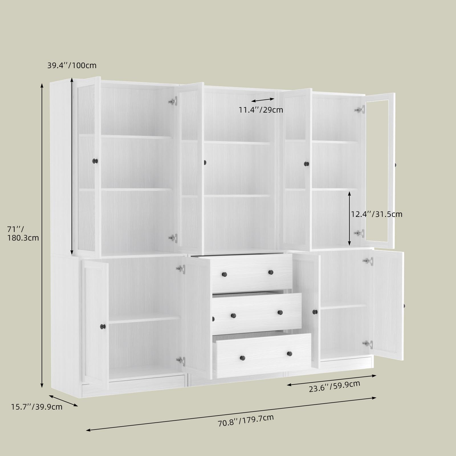 VOWNER Libreria con Ante in Vetro, 180cm Libreria Espositiva Alta, Mobile Vetrina Soggiorno con Cassetti, Armadietto con Vetrina Armadietto Laterale per Soggiorno, ABA (Bianco)