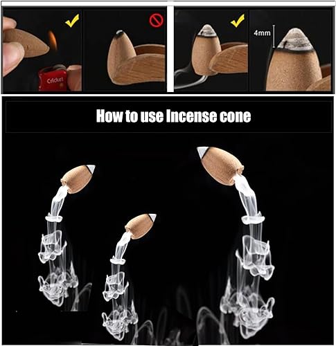 Miniatura 5 de AMASSIVEROCK Conos de incienso de reflujo (50 conos) con soporte para conos de incienso en cascada, sándalo, lavanda, rosa, jazmín, osmanthus,