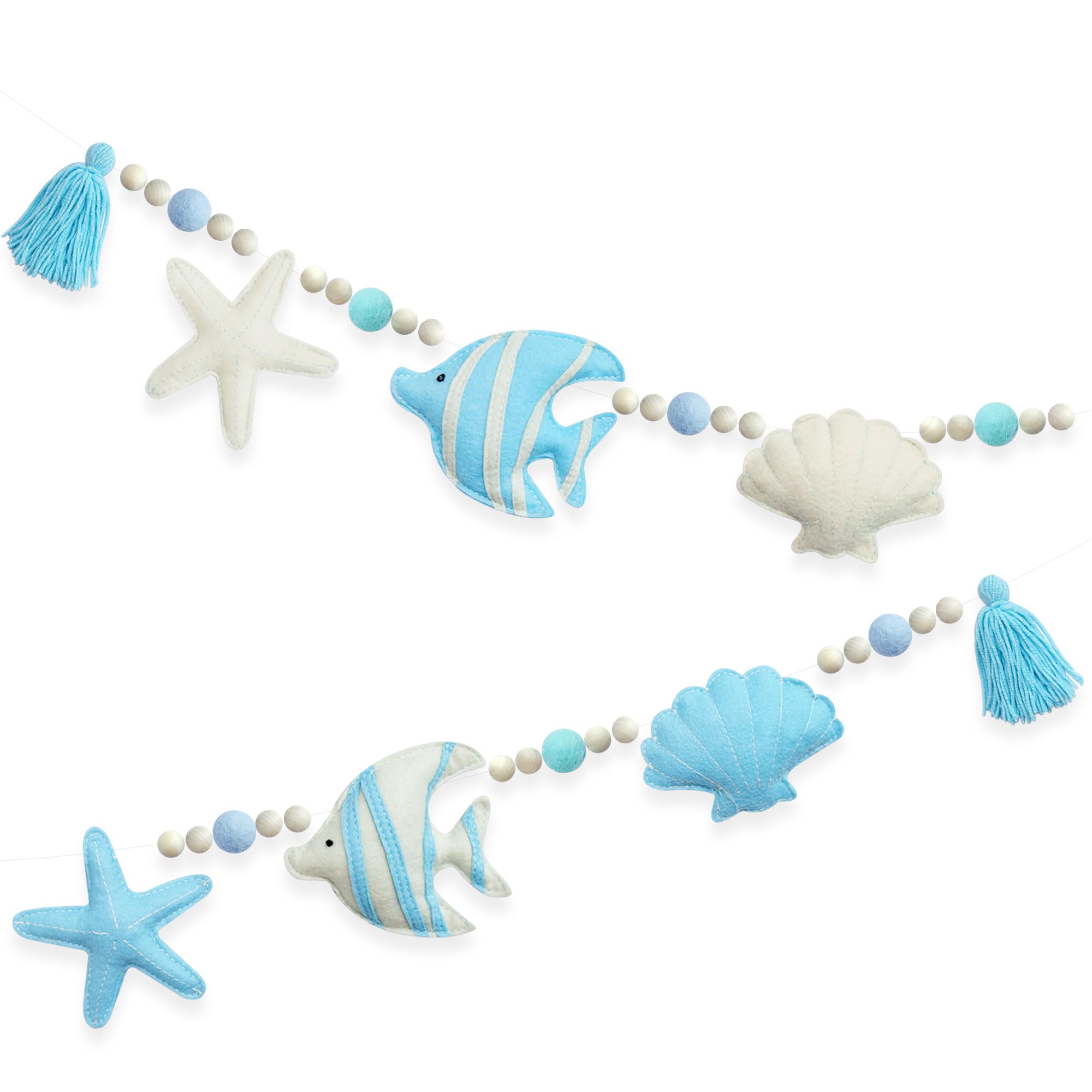 Under The Sea Decorations Pre-Strung Handmade Felt Blue Beige Ocean Fish Starfish Shell Banner Blue Aqua Wool Felt Ball Wooden Beads Tassel Garland