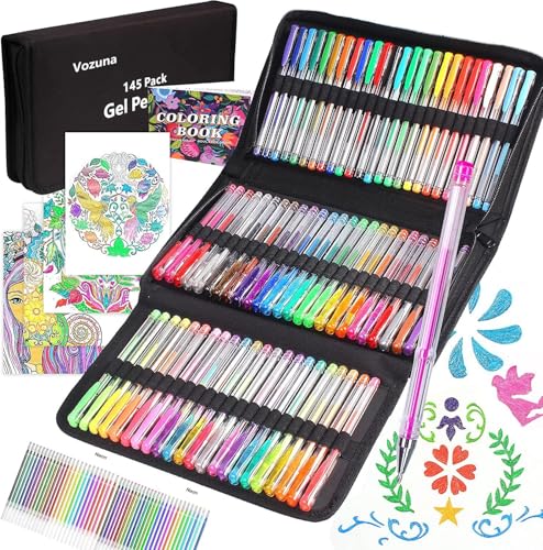 Vozuna 145Pack Glitzer Gelstifte für Erwachsenen Malbücher, 72 Gelschreiber und 72 Nachfüllpackungen mit 1 Malbuch für Kinder, Zeichnen, Kritzeln, Basteln, Scrapbooking