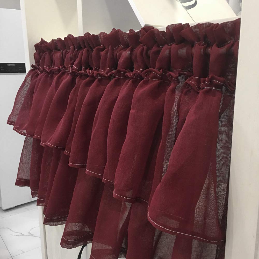 Gxi Ruffle Pure Burgundy Curtain Valance for Kitchen Linen Look Rod Pocket Solid Sheer Voile Panel for Cafe Window Curtain Tier for Small Windows Bath, W39 x L31 Inch, 1 Panel