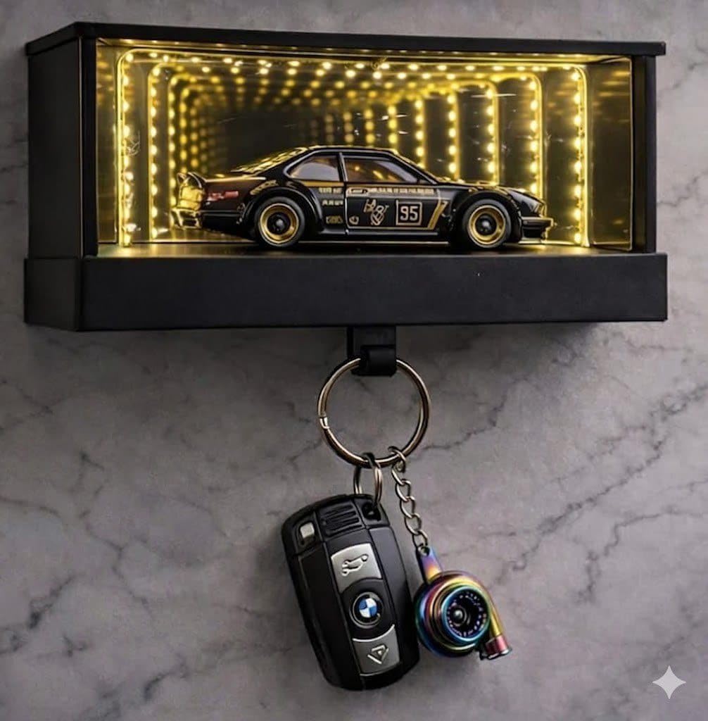 LED Infinity Mirror Display Case with Key Hook, Wall Mount | Diecast Car Showcase, Tunnel Light Effect, Wall-Mounted Design, Built-in Key Holder, Black Finish-image-42