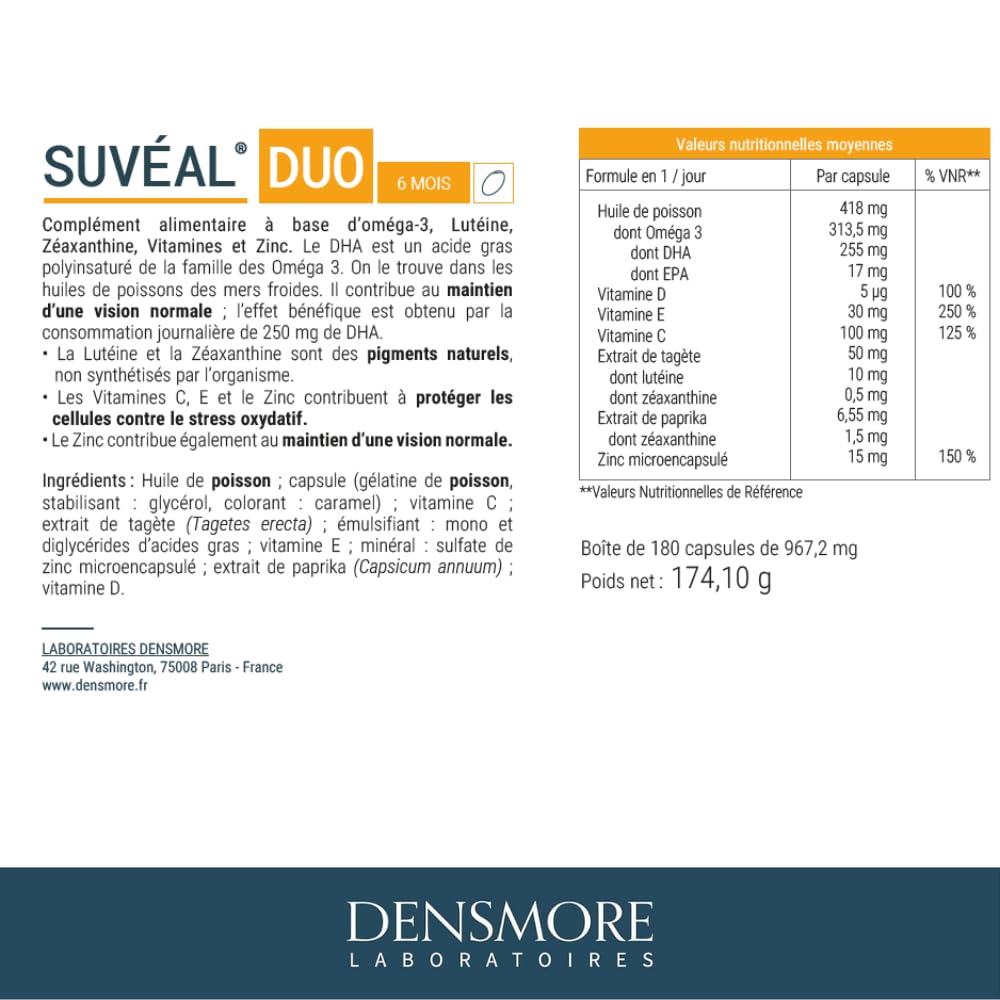 Densmore - SUVEAL Duo - Complément Alimentaire Ophtalmologique à base de DHA (Oméga 3), Lutéine, Zéaxanthine, Vitamines et Zinc - Idéal Vision - 180 Capsules - Cure de 6 mois - Fabriqué en France