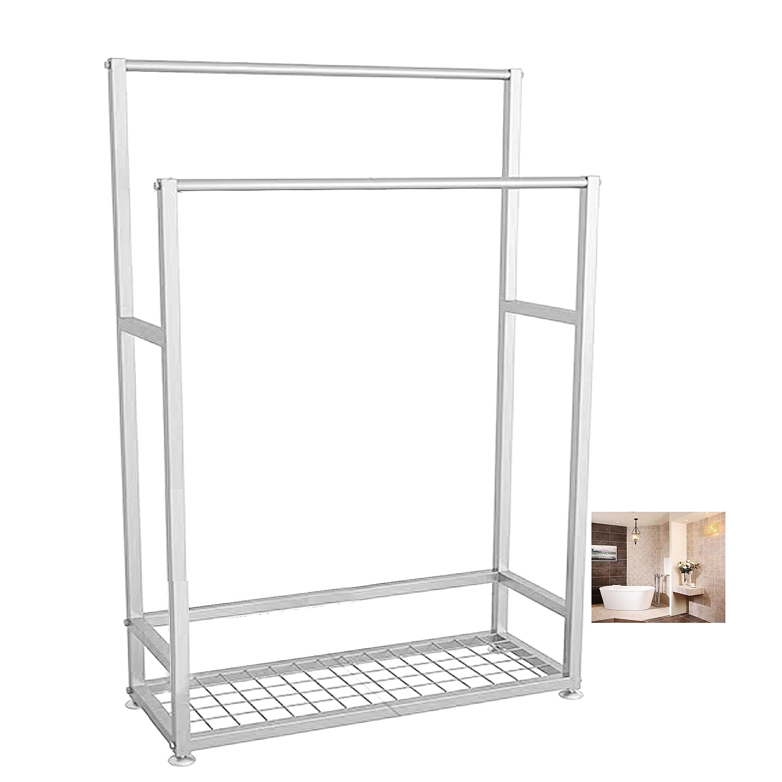 Porte-serviettes de sol en métal blanc à 2 niveaux avec étagère de rangement basse pour salle de bain